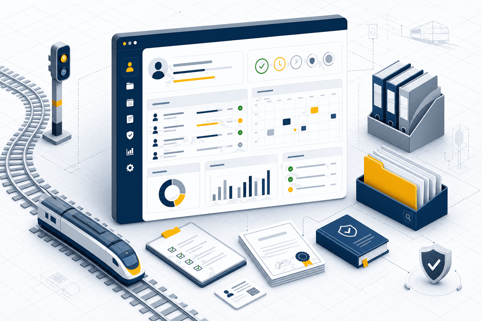 Illustration eines All4Train Dashboards für Qualifikationen, Dokumente und Schulungen