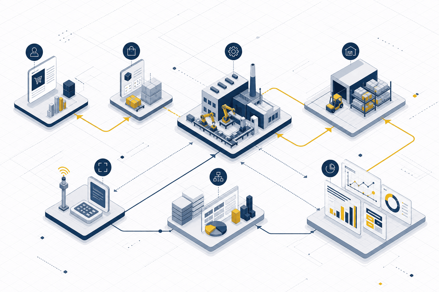 Illustration integrierten Prozessmanagements entlang von Vertrieb, Einkauf, Produktion, Lager und Auswertung
