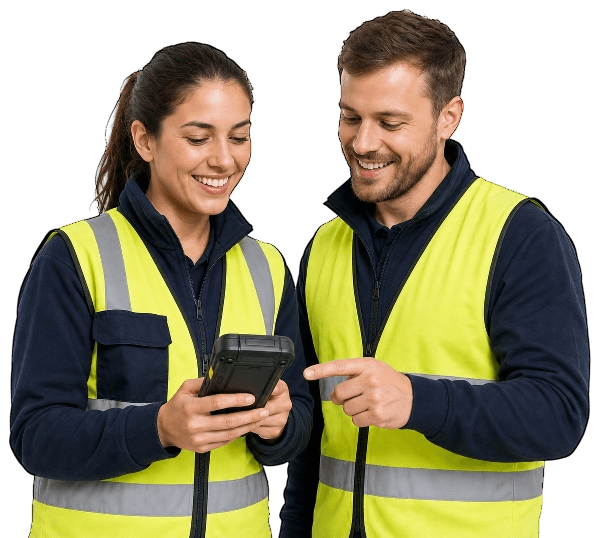 Zwei Lagermitarbeiter prüfen gemeinsam ein mobiles Datenerfassungsgerät