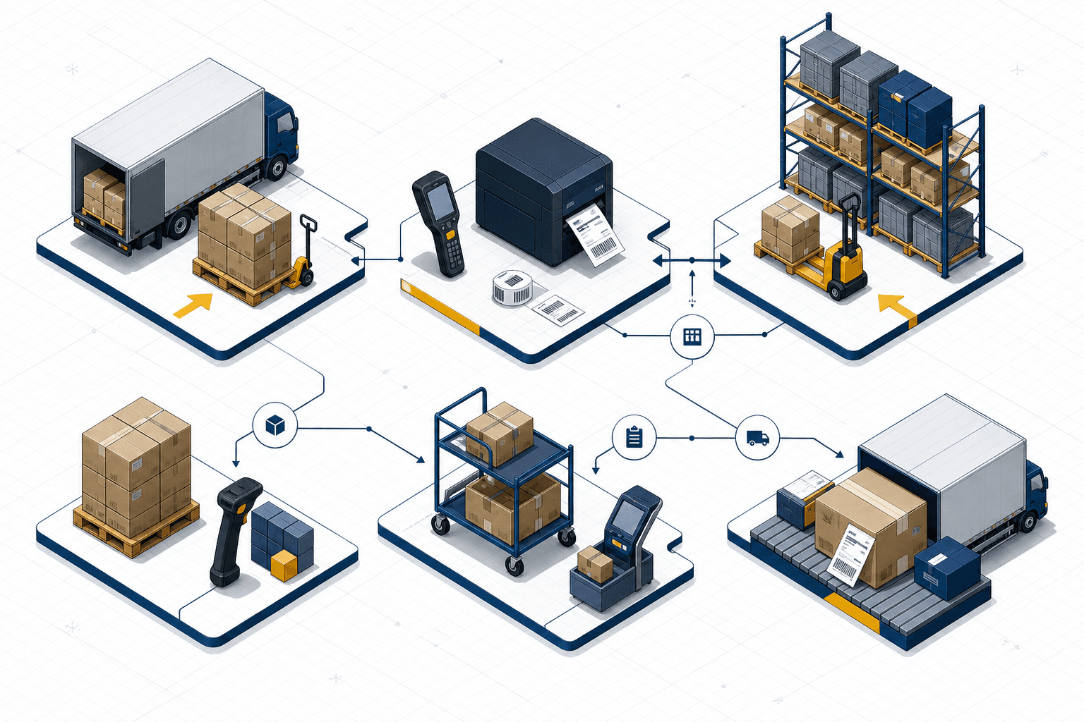 Illustration eines durchgängigen Warehouse-Prozesses vom Wareneingang bis zum Warenausgang